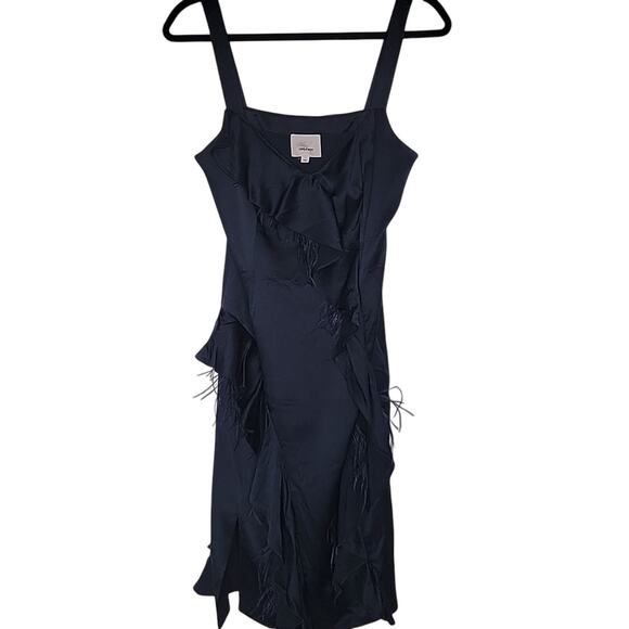 Cinq a Sept Gigi Ruffle and Ostrich Feather Silk Dress, Navy, 4 - Picture 1 of 8